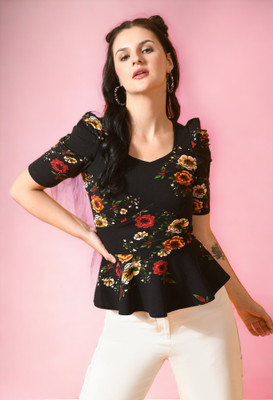 Arbiter Collection Casual Floral Print Women Black Top