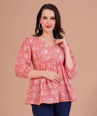 HouseOfCommon Formal Floral Print Women White, Pink Top