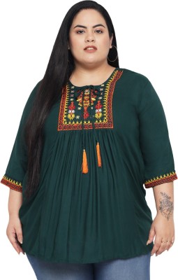 indietoga Casual Embroidered Women Dark Green Top