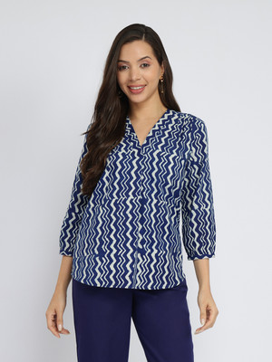 Pink Fort Casual Striped Women Dark Blue, White Top