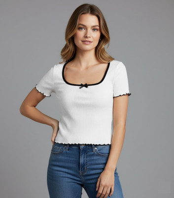 glitsy Casual Solid Women White Top