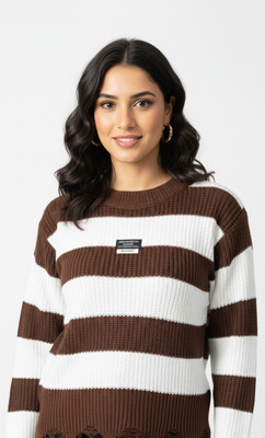Crazy Look Striped Round Neck Casual Women Brown, White, Multicolor Sweater