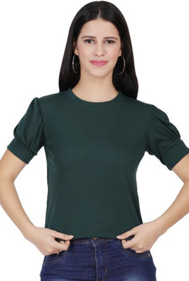 CLOTHINK India Casual Solid Women Dark Green Top