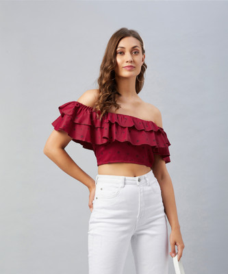 Chimpaaanzee Casual Polka Print Women Maroon Top