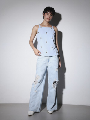 ONLY Casual Embellished Women Blue Top