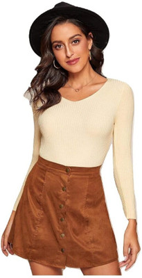 CRAMPLE Casual Self Design Women Beige Top