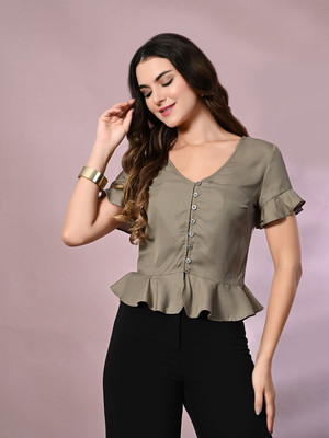 Azzurra Party Solid Women Grey Top