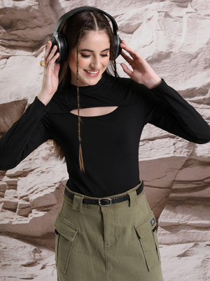 Tokyo Talkies Casual Self Design Women Black Top