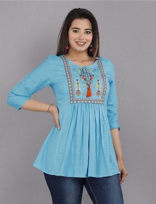 Naiwal Creation Casual Embroidered Women Dark Blue Top