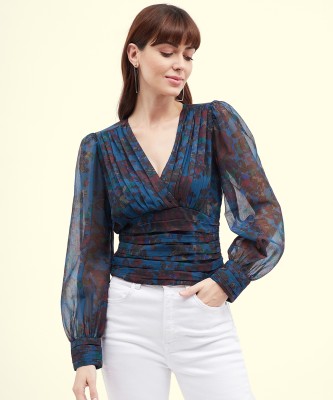 HARPA Casual Floral Print Women Blue Top