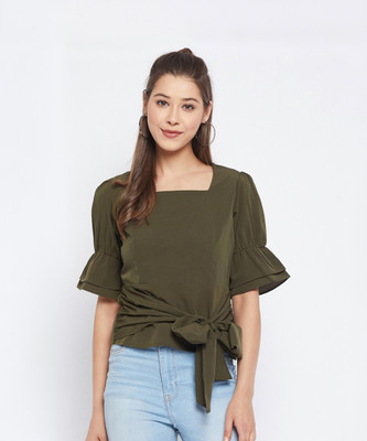WineRed Casual Solid Women Dark Green Top