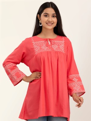 FERANOID Casual Embroidered Women Pink Top