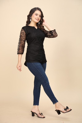 Manthan Creation Party Self Design Women Black Top