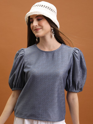 Tokyo Talkies Casual Self Design Women Grey Top
