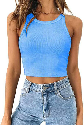 Rzlecort Casual Solid Women Light Blue Top