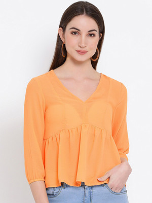 OXOLLOXO Casual 3/4 Sleeve Solid Women Yellow Top