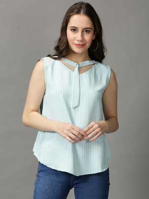 Showoff Casual Striped Women Light Blue, Black Top