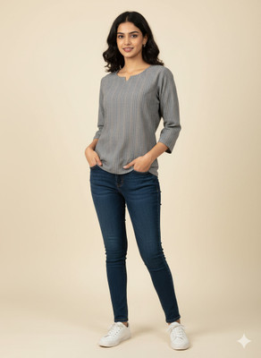 SAFEDDHAGA Casual Self Design Women Grey Top