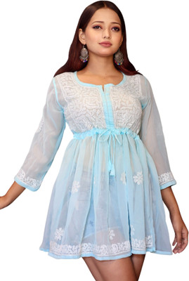 myplusfashion Casual Embroidered Women Light Blue Top