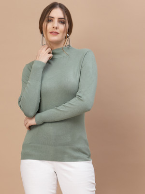 Mafadeny Self Design High Neck Casual Women Green Sweater