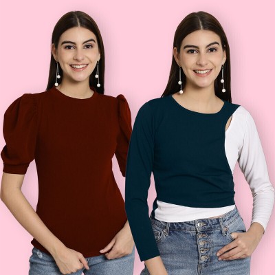 Tromko Casual Solid Women Dark Blue, Maroon, White Top