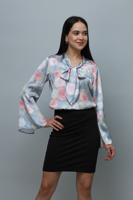 PURYS Casual Floral Print Women Blue Top