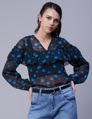 moomaya Casual Chevron/Zig Zag Women Blue Top