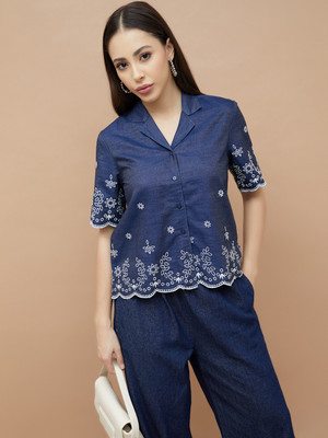 Fame Forever by Lifestyle Casual Embroidered Women Blue Top
