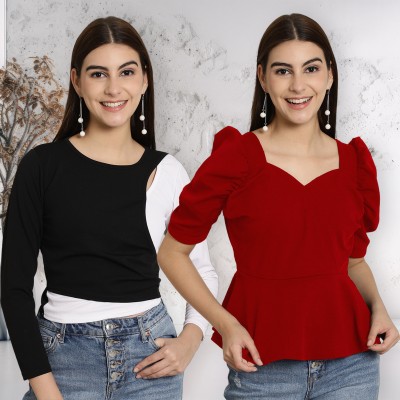 METRONAUT Casual Solid Women Black, Maroon, White Top