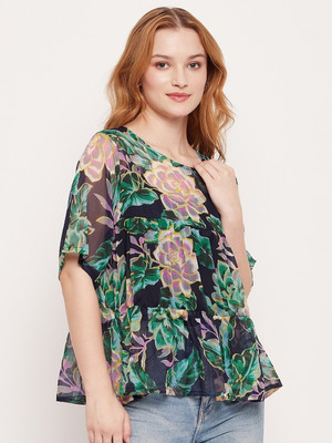 FashFun Casual 3/4 Sleeve Printed Women Green Top