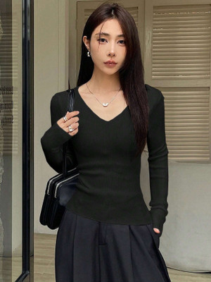 SONIC FASHION Casual Self Design Women Black Top