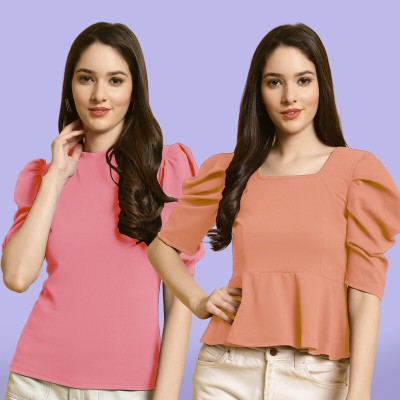 Fabflee Casual Solid Women Pink, Orange Top