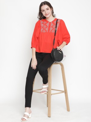 OXOLLOXO Casual Embroidered Women Red Top