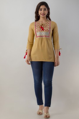 ANNU PARIDHAN Casual Embroidered Women Beige Top