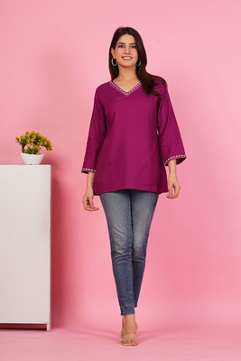 Anamwear Casual Solid, Embroidered, Embellished, Lace, Printed, Striped, Ethnic Motifs Women Purple Top