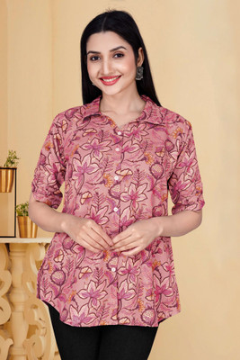 LAZURI BOUTIQUE Casual Floral Print, Printed Women Orange, Light Green, Light Blue, Pink Top