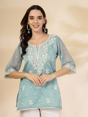 Yufta Casual Embroidered Women Blue Top