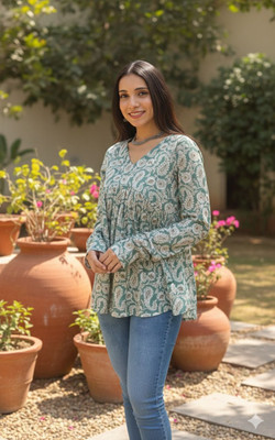 Desi Beats Casual Printed Women Light Blue Top