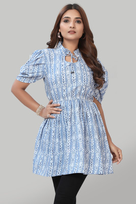 HouseOfCommon Casual Printed Women Light Blue, White Top