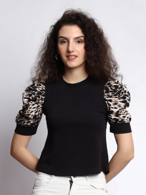 Prettify Casual Self Design Women Black Top