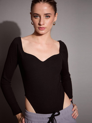 SASSAFRAS Casual Self Design Women Black Top