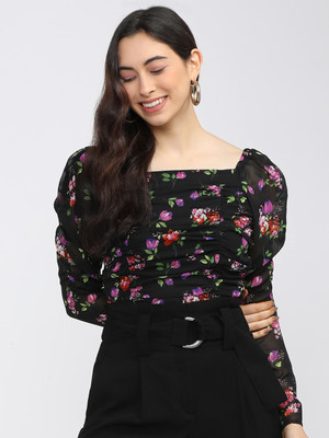 Tokyo Talkies Casual Self Design Women Black Top