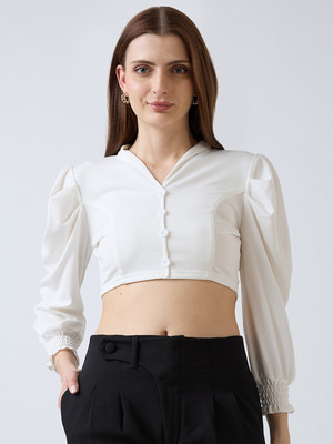 SZN Casual Solid Women White Top