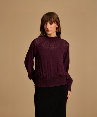 KAZO Casual Self Design Women Purple Top