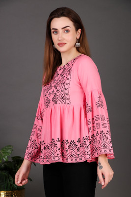 Glorry Creation Casual Printed, Geometric Print, Ethnic Motifs Women Pink Top