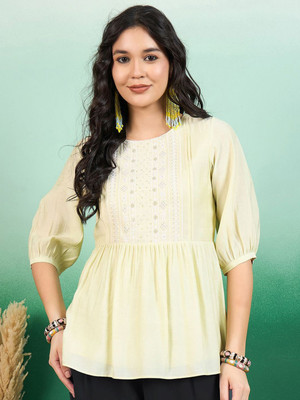Sangria Casual Embroidered Women Yellow Top