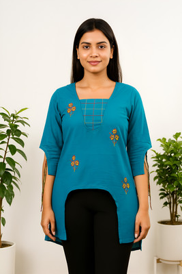 Swahnsa Casual Embroidered, Floral Print Women Blue Top