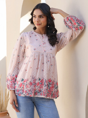 Janasya Casual Floral Print Women Pink Top