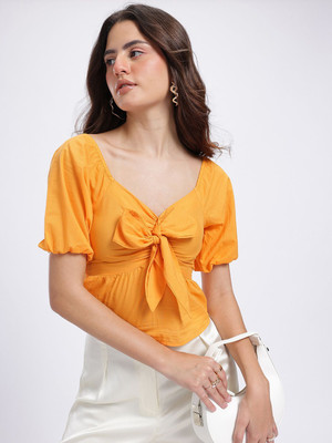 Glitchez Casual Solid Women Orange Top