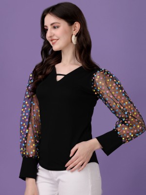 Sheetal Associates Casual Solid, Polka Print Women Black Top